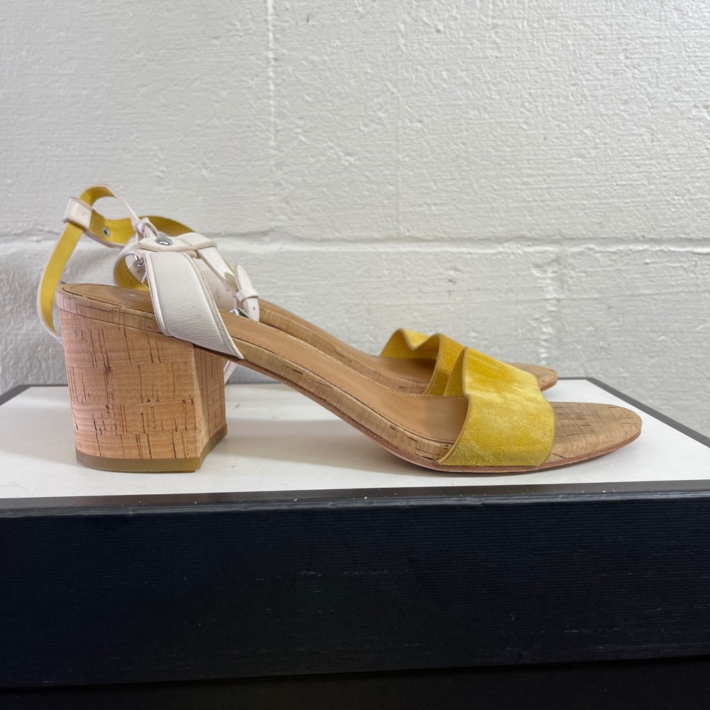 Coach Thompson White Yellow Suede Leather Cork Sandals Strap Women's 10 B